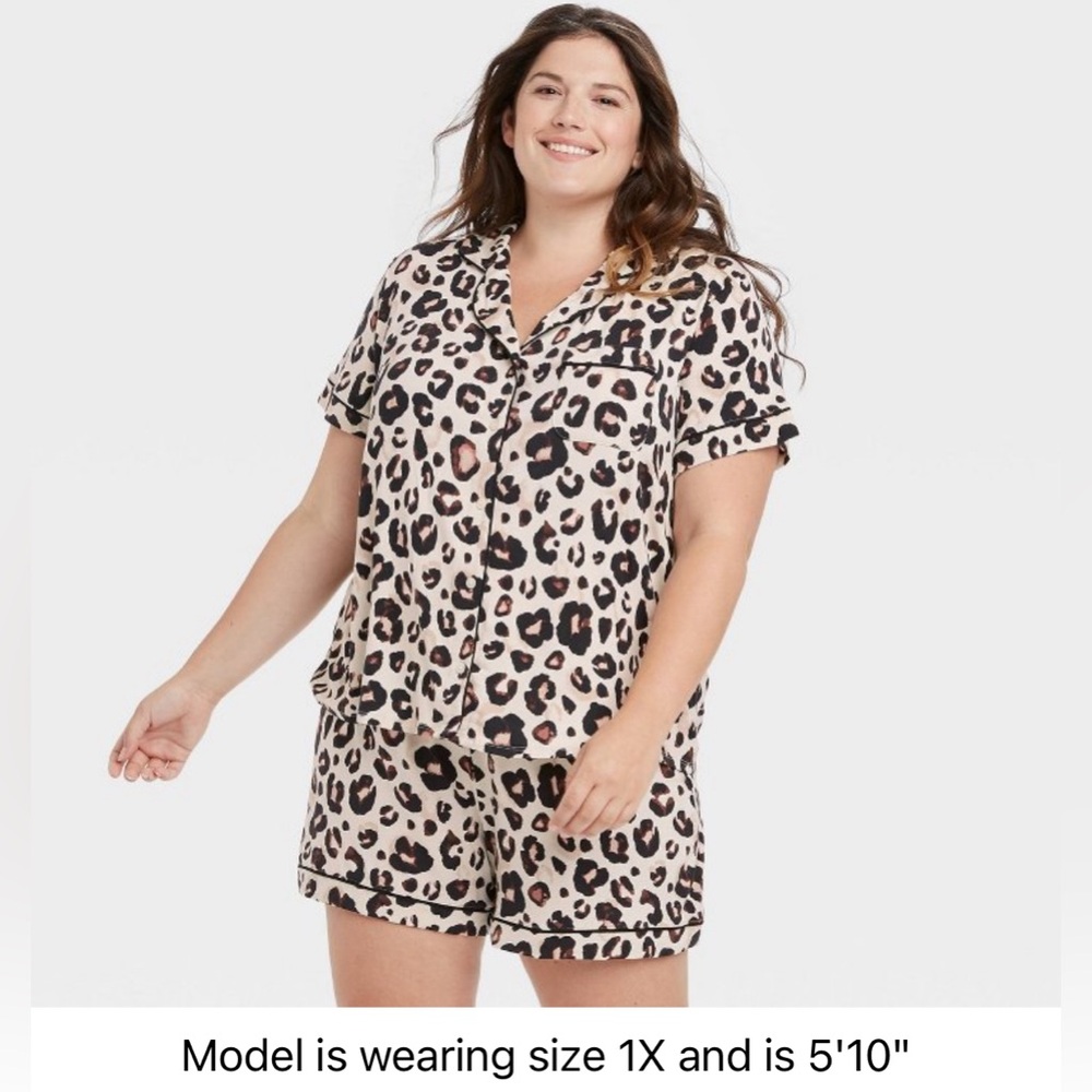 Stars above Soft Notch-Collar Pajama Set in light beige/leopard print in 1XL